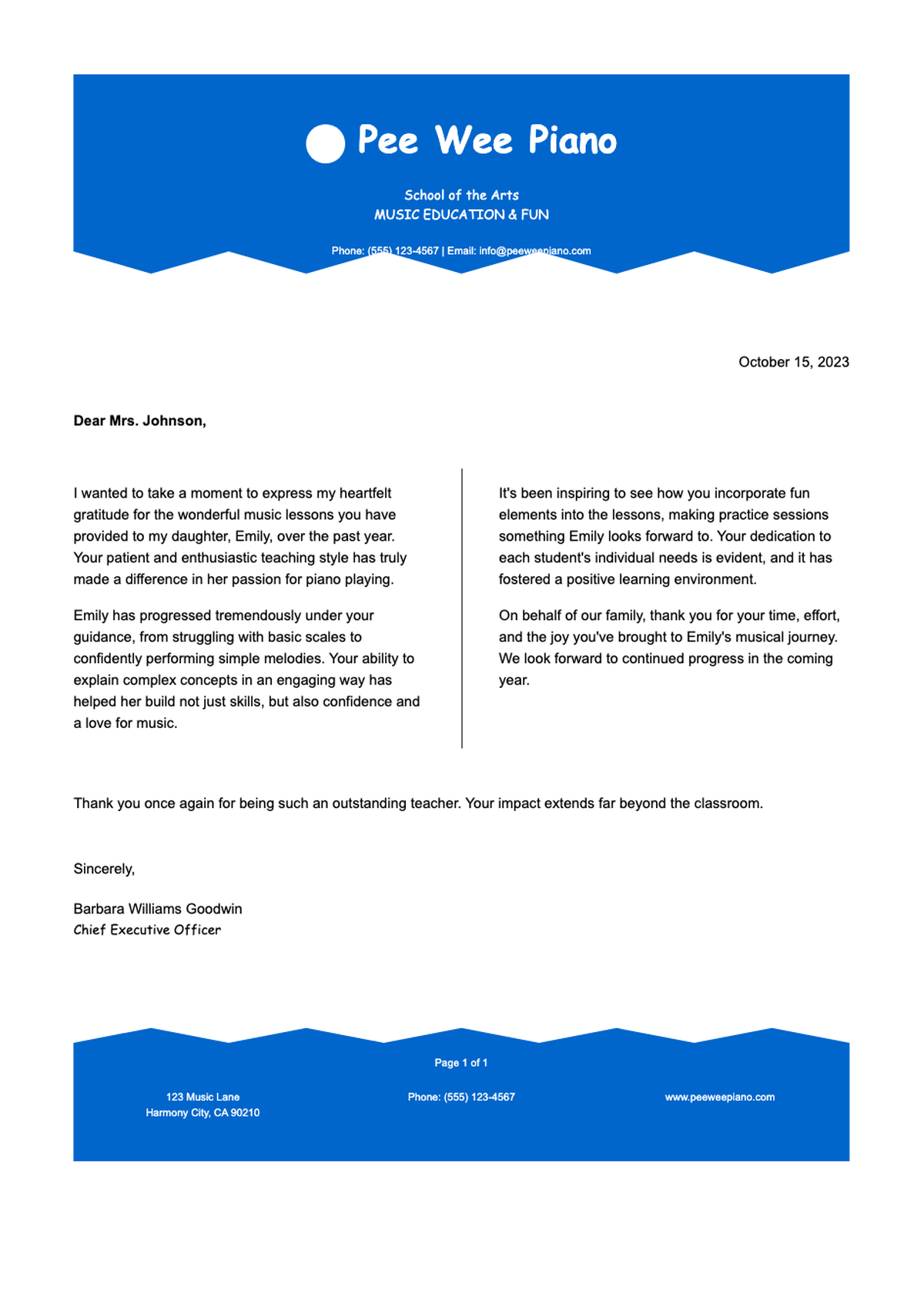 Formal private piano lesson program policy letter from Pee Wee Piano School_variant_1